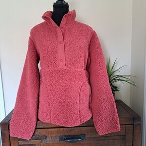 New! 32 Degrees Sherpa Fleece Pullover Half Snap Close Mock Neck Small Red Pink